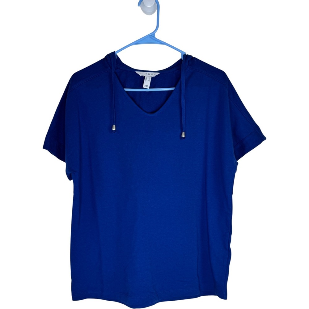 SPORT SAVVY Women's Blue Short‎ Sleeve V Neck Hoodie T Shirt Size XS Casual
